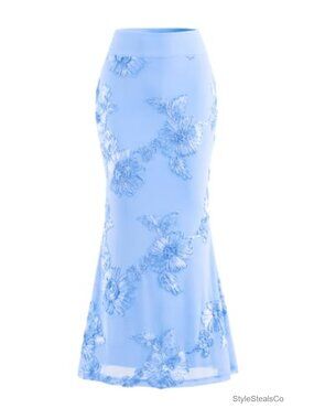 Floral Embroidery Mesh Maxi Skirt High Rise Elastic Waist Sheer Long Skirt